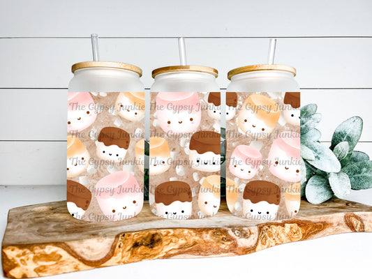 16 oz Cute Marshmallows Frosted Glass Can